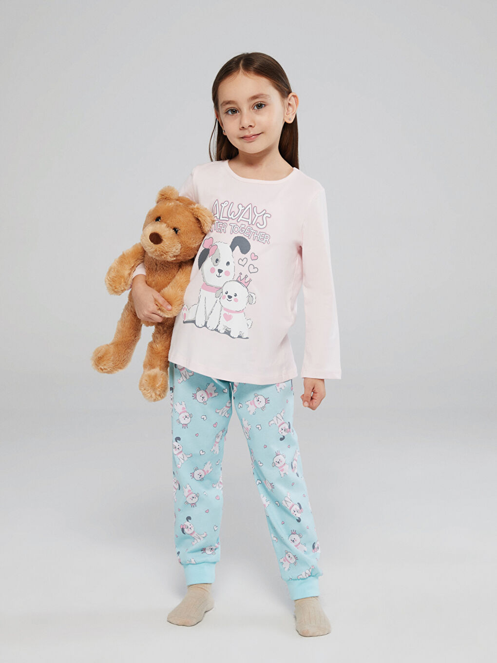Пижамный комплект для девочек с круглым вырезом и принтом-1