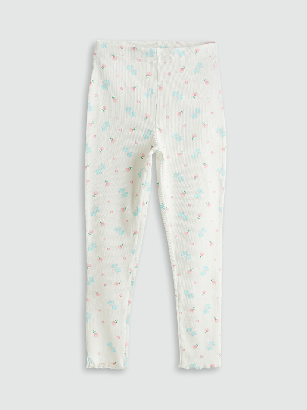 Ekru Beli Lastikli Çiçek Desenli Kız Çocuk Tayt