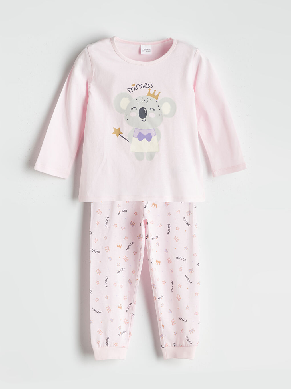 LCW Kids سێتی بیجامە قۆڵ درێژ چاپکراو یه‌خه‌ خڕ بۆ کچان -W50867Z1-LT4