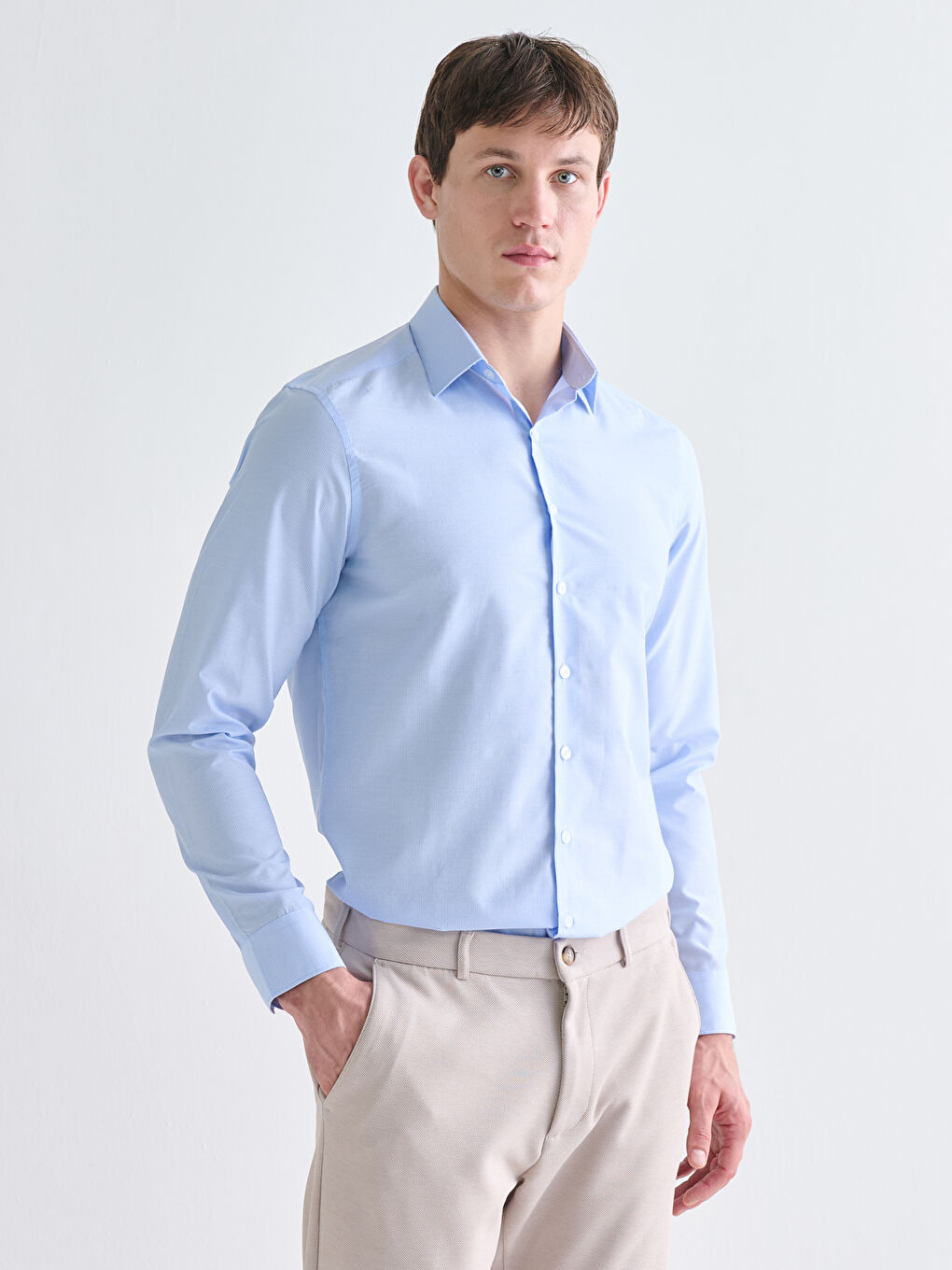Slim Fit Long Sleeve Striped Poplin Men's Shirt-1