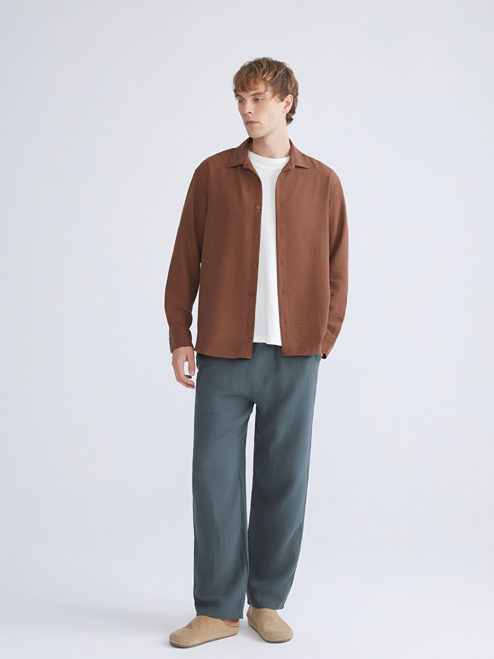 Kahverengi Regular Fit Uzun Kollu Erkek Gömlek-1