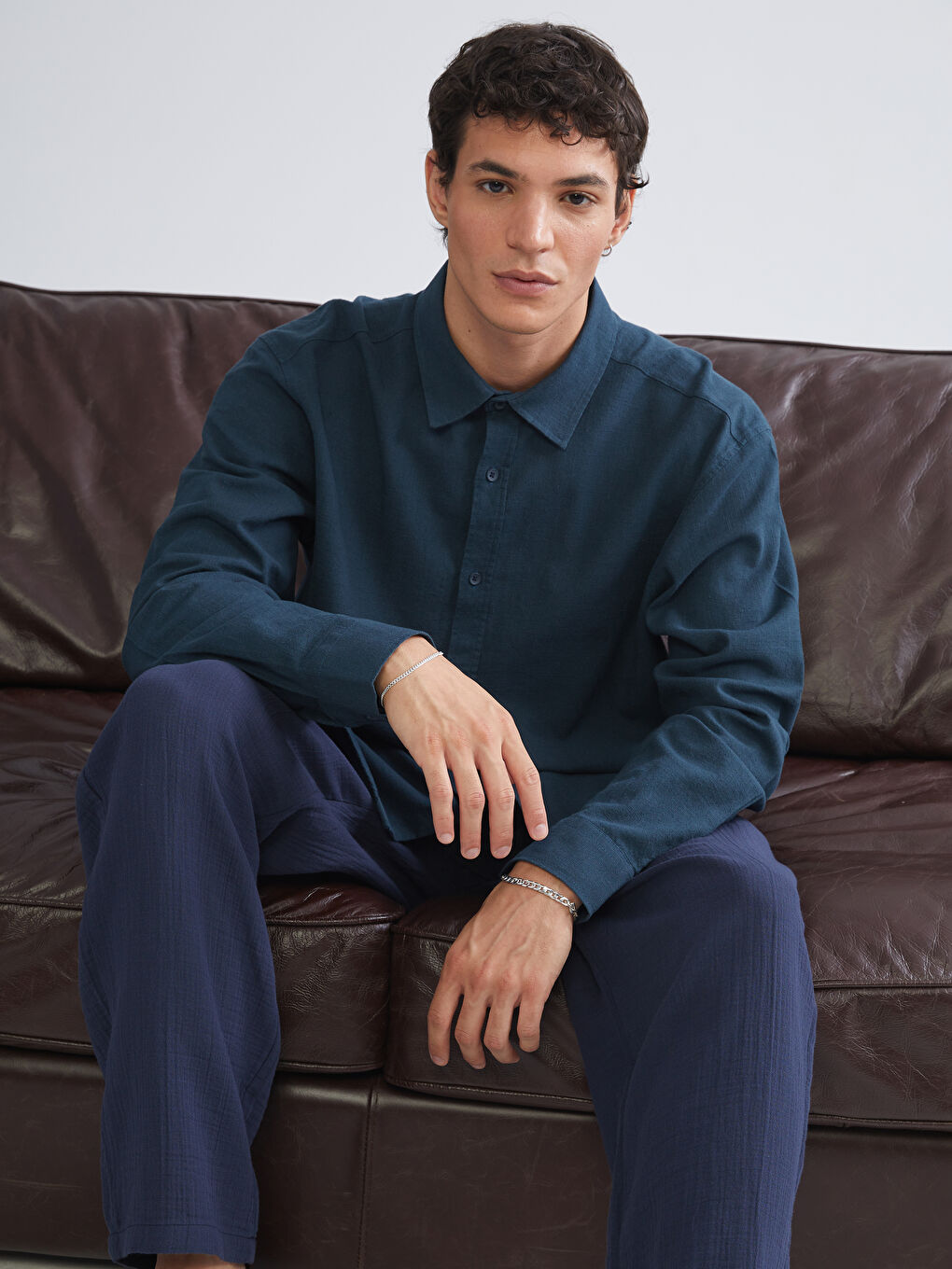 Regular Fit Long Sleeve Linen-Look Men's Shirt