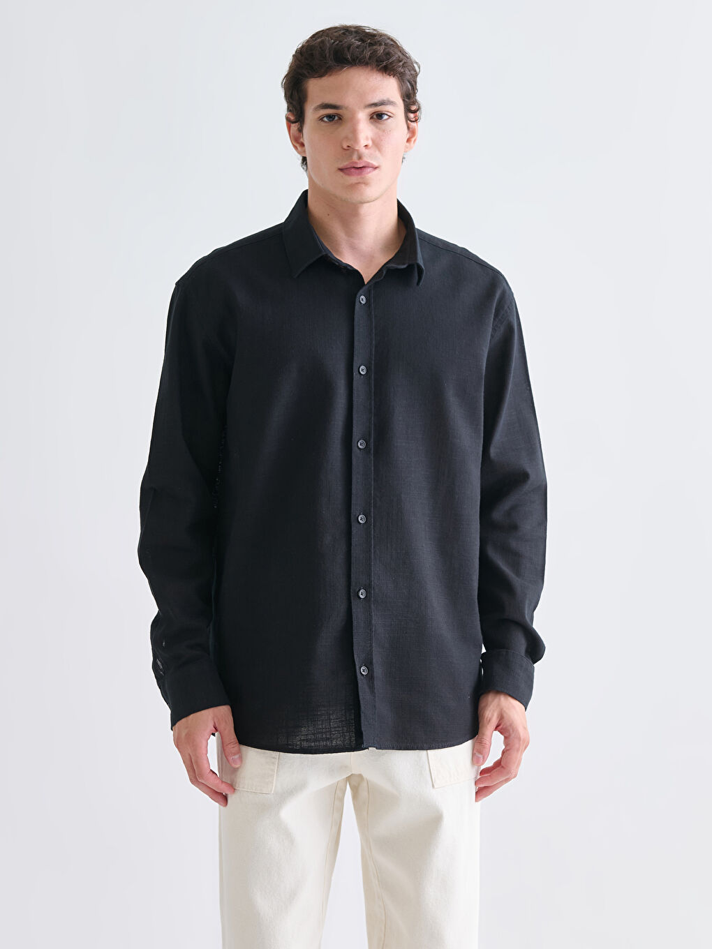 Regular Fit Long Sleeve Linen-Look Men's Shirt