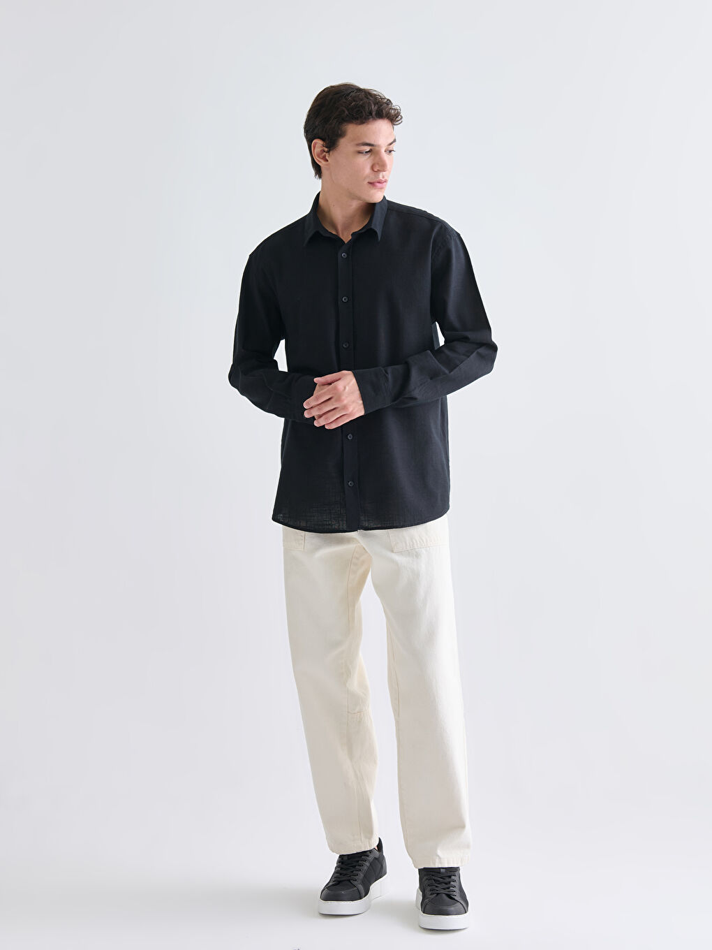 Regular Fit Long Sleeve Linen-Look Men's Shirt-1