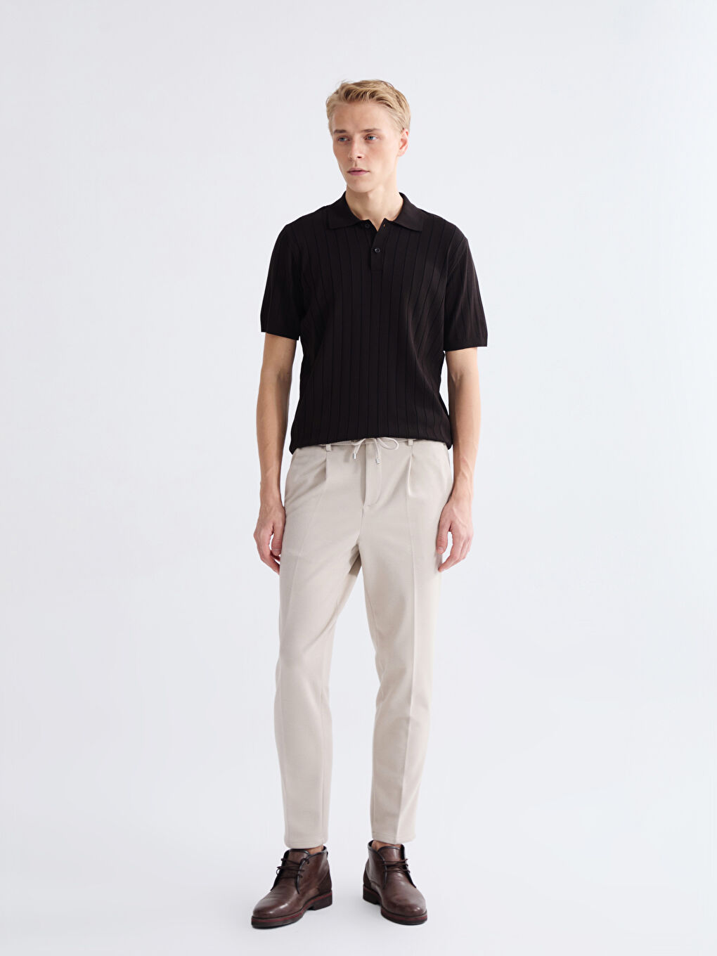 Kahverengi Polo Yaka Kısa Kollu Erkek Triko Kazak-1