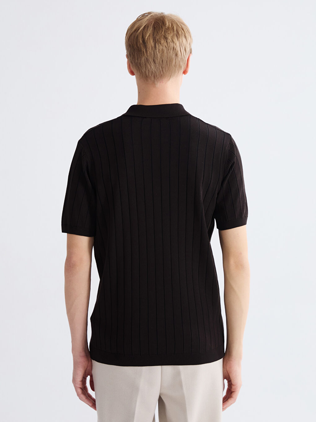 Kahverengi Polo Yaka Kısa Kollu Erkek Triko Kazak-3