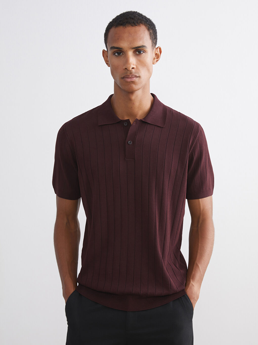 Bordo Polo Yaka Kısa Kollu Erkek Triko Kazak