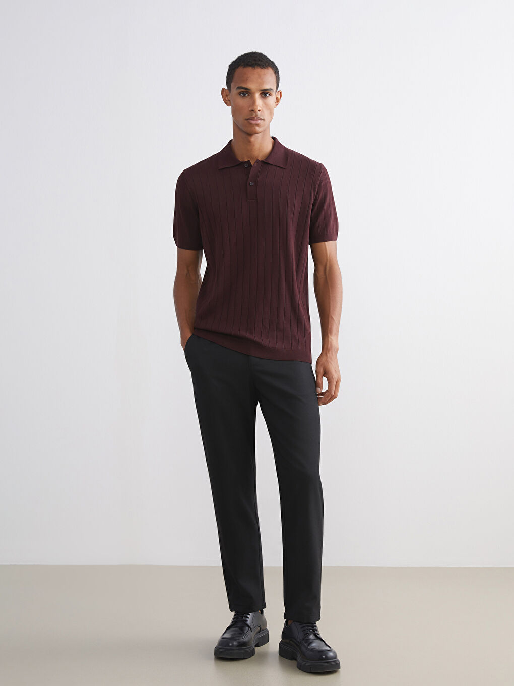 Bordo Polo Yaka Kısa Kollu Erkek Triko Kazak-1