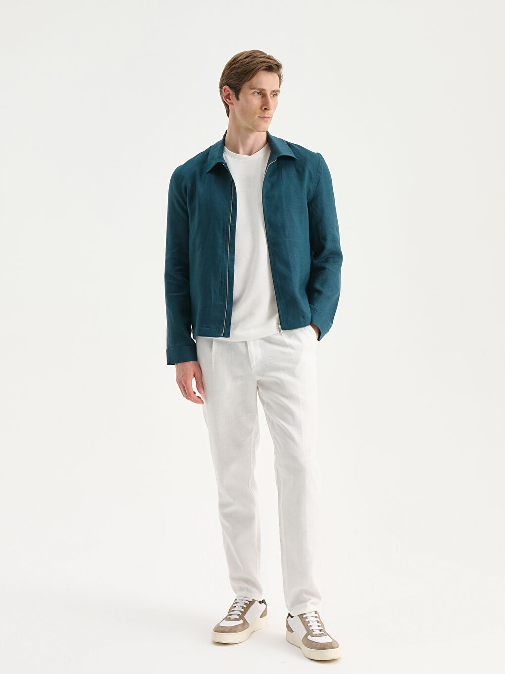 Ekru Standart Kalıp Keten Görünümlü Erkek Pantolon