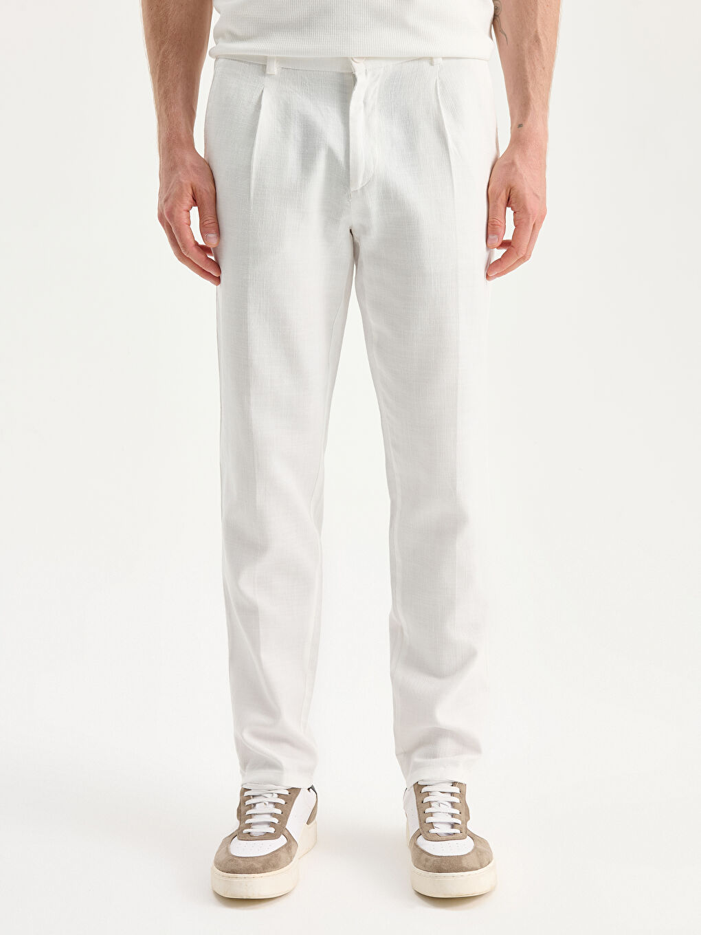 Ekru Standart Kalıp Keten Görünümlü Erkek Pantolon-1