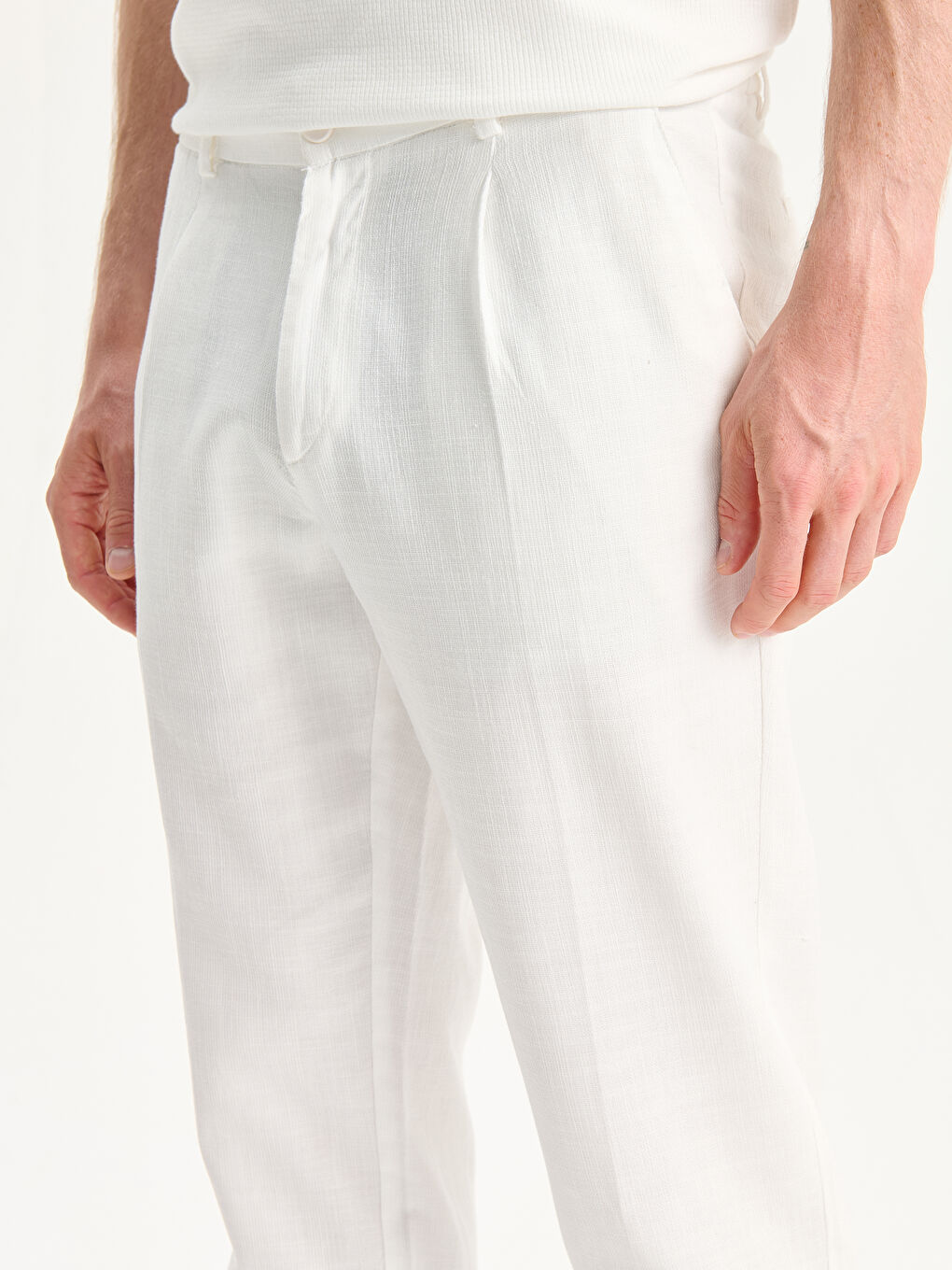 Ekru Standart Kalıp Keten Görünümlü Erkek Pantolon-2