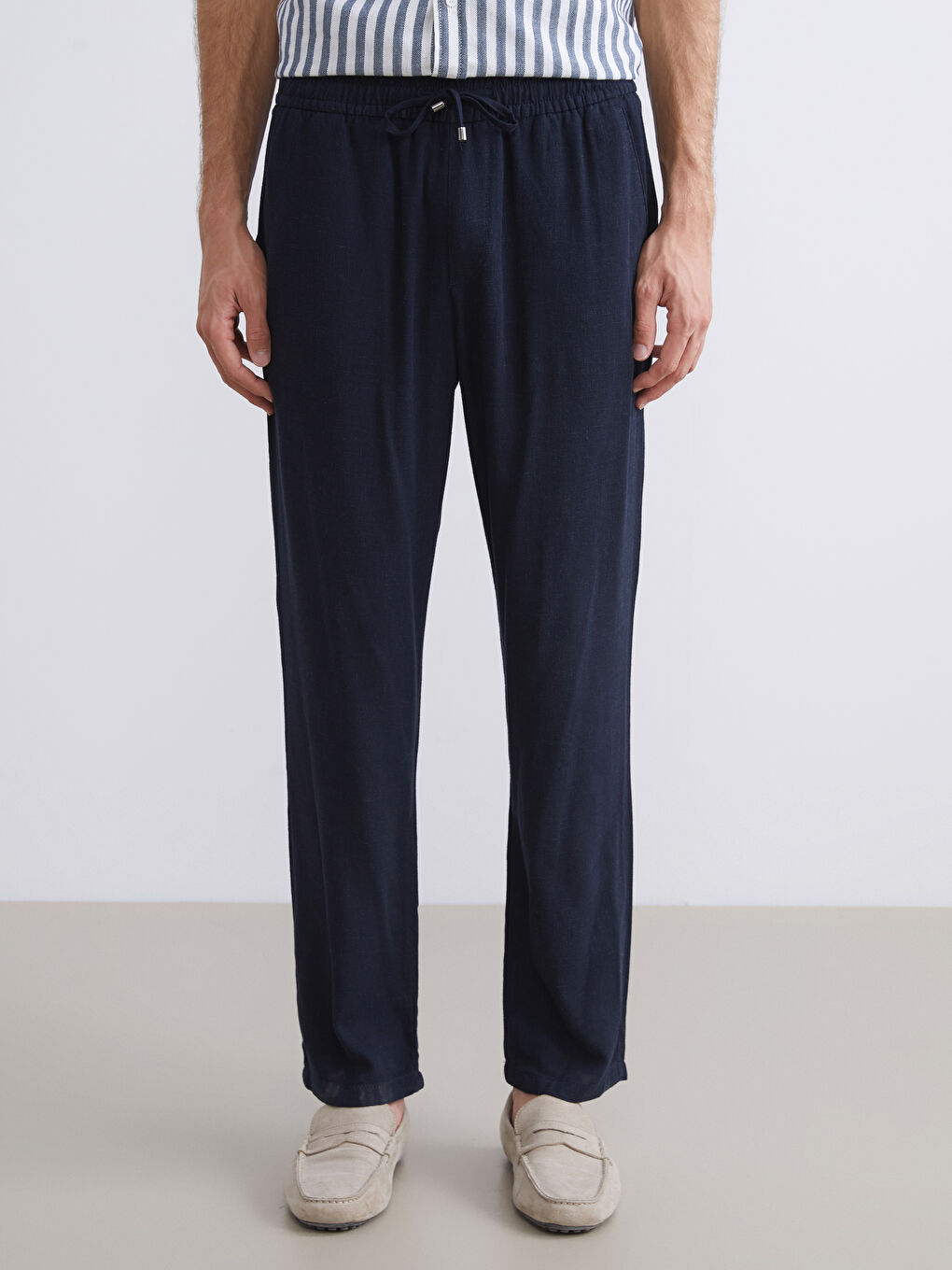 Lacivert Standart Kalıp Keten Karışımlı Erkek Pantolon-1