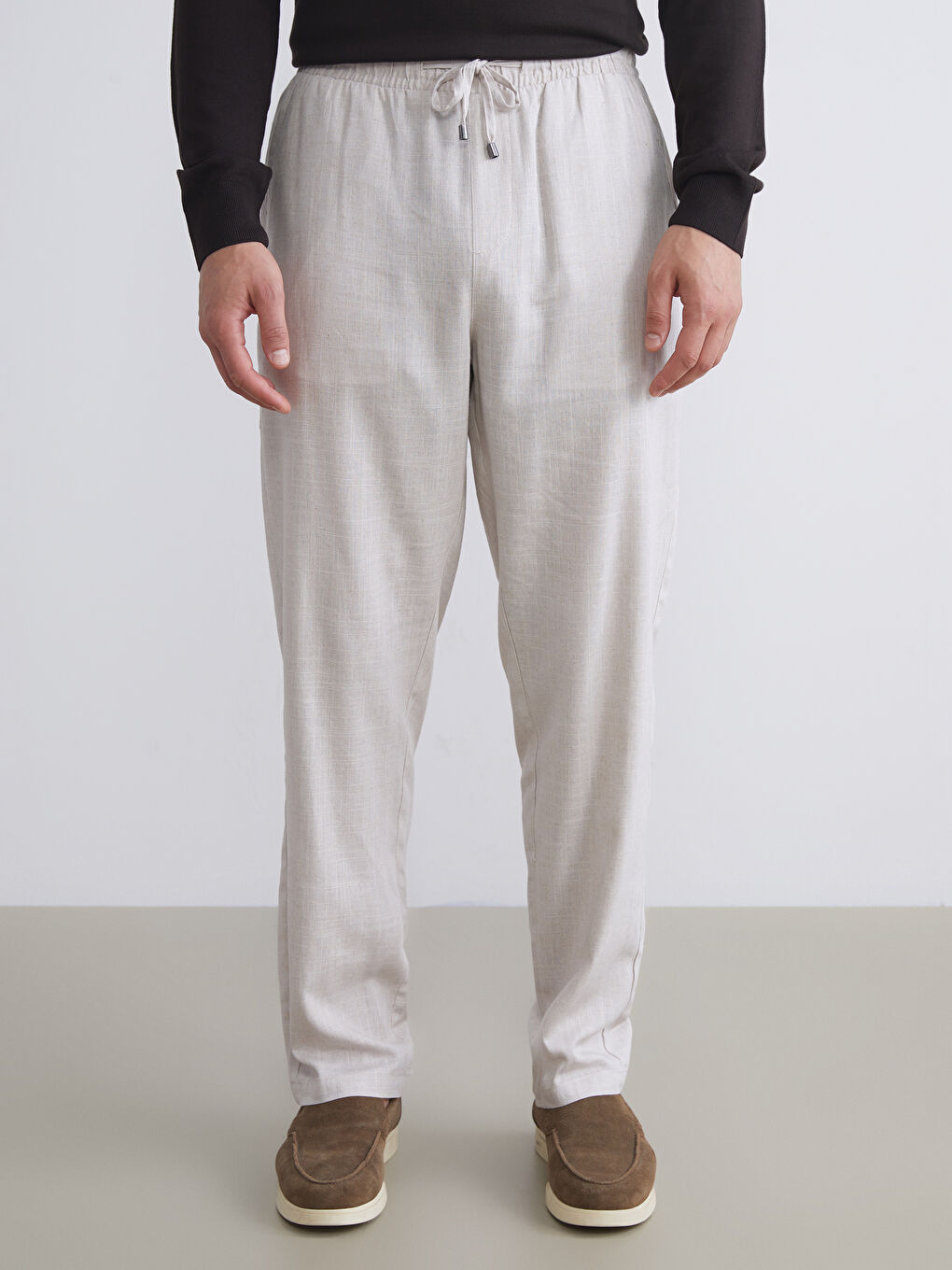 Bej Standart Kalıp Keten Karışımlı Erkek Pantolon-2