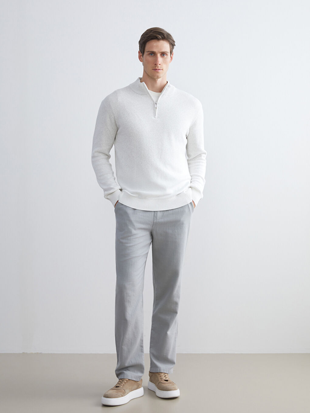 Gri Standart Kalıp Keten Görünümlü Erkek Pantolon