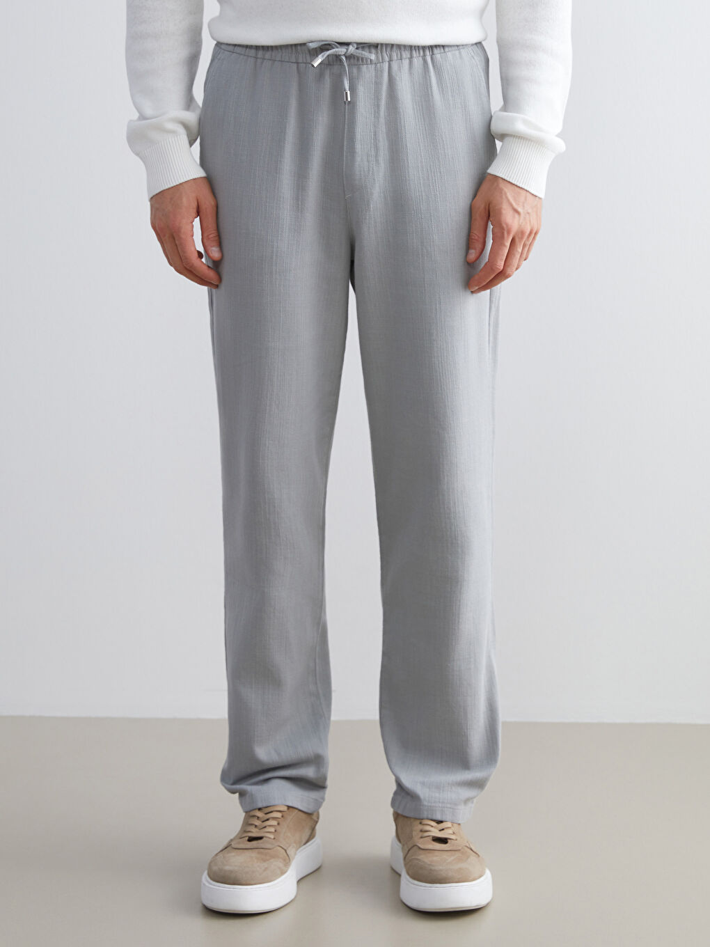 Gri Standart Kalıp Keten Görünümlü Erkek Pantolon-1