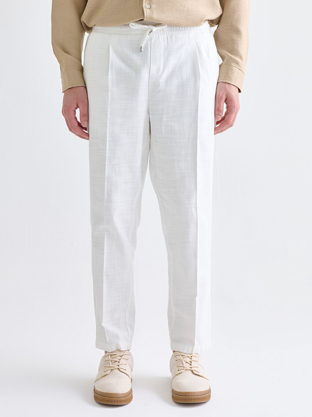 Ekru Standart Kalıp Keten Görünümlü Erkek Pantolon-1