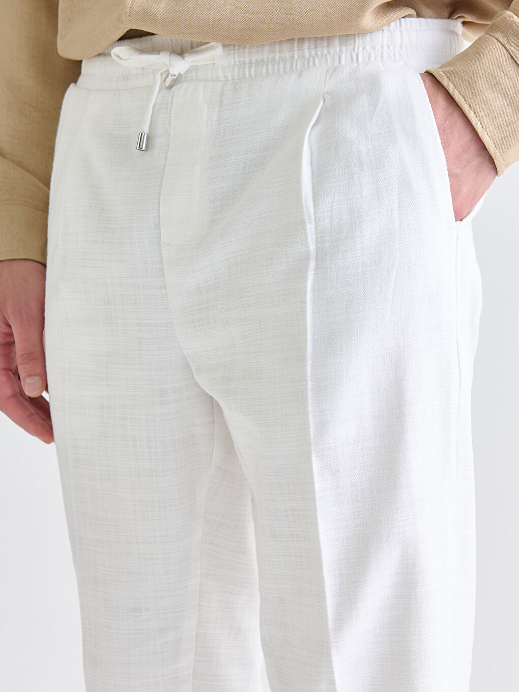 Ekru Standart Kalıp Keten Görünümlü Erkek Pantolon-2
