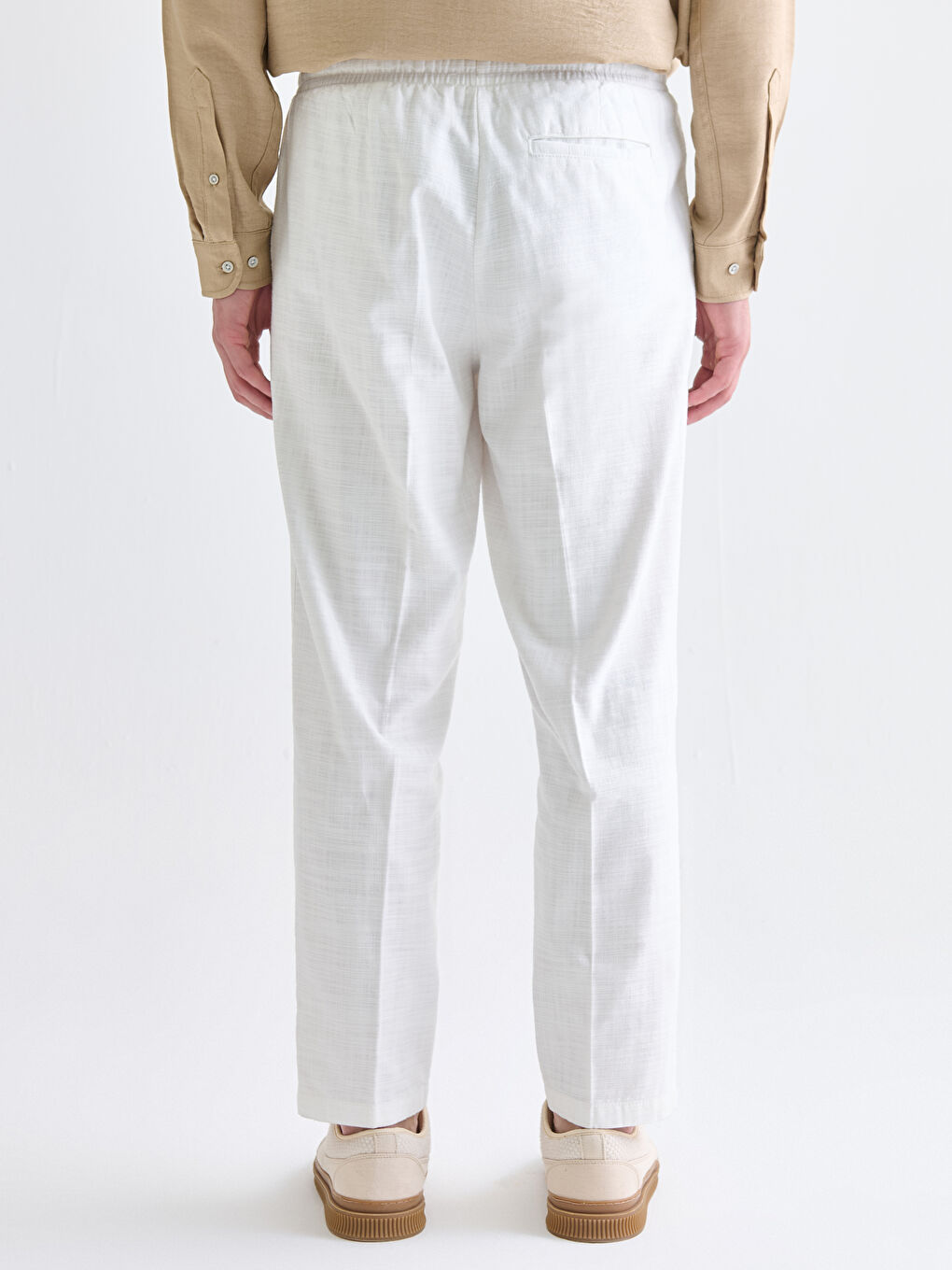 Ekru Standart Kalıp Keten Görünümlü Erkek Pantolon-3