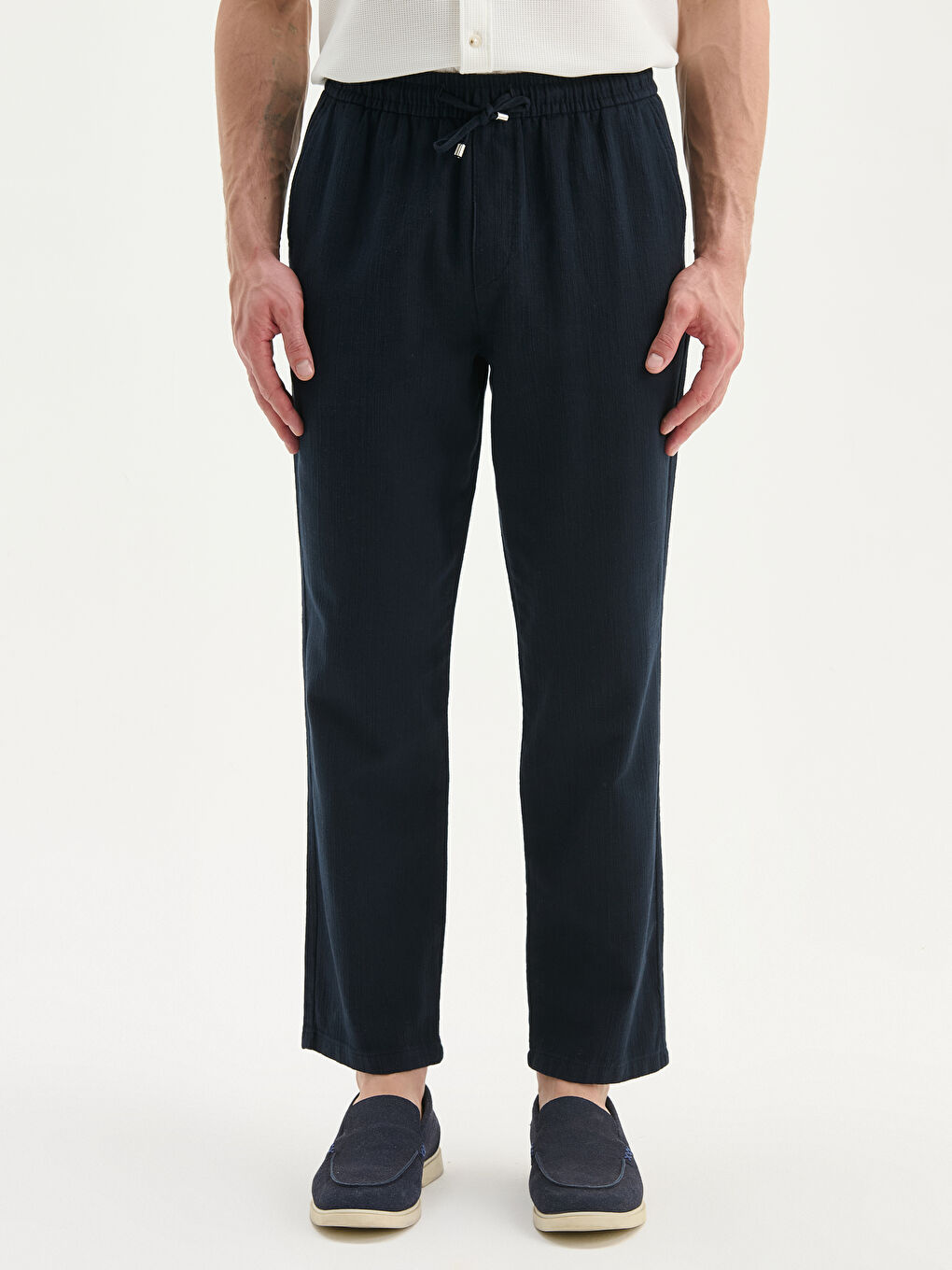 Lacivert Standart Kalıp Keten Görünümlü Erkek Pantolon-1