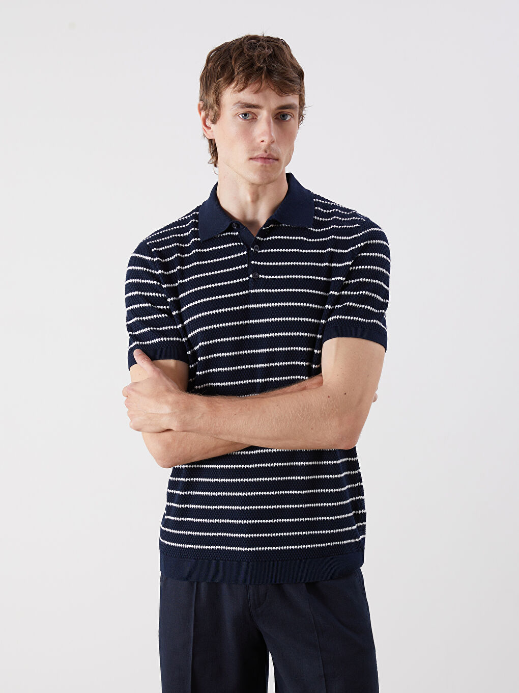 SOUTHBLUE Polo Neck Short Sleeve Striped Men's Knitwear Sweater -W51187Z8-LGS