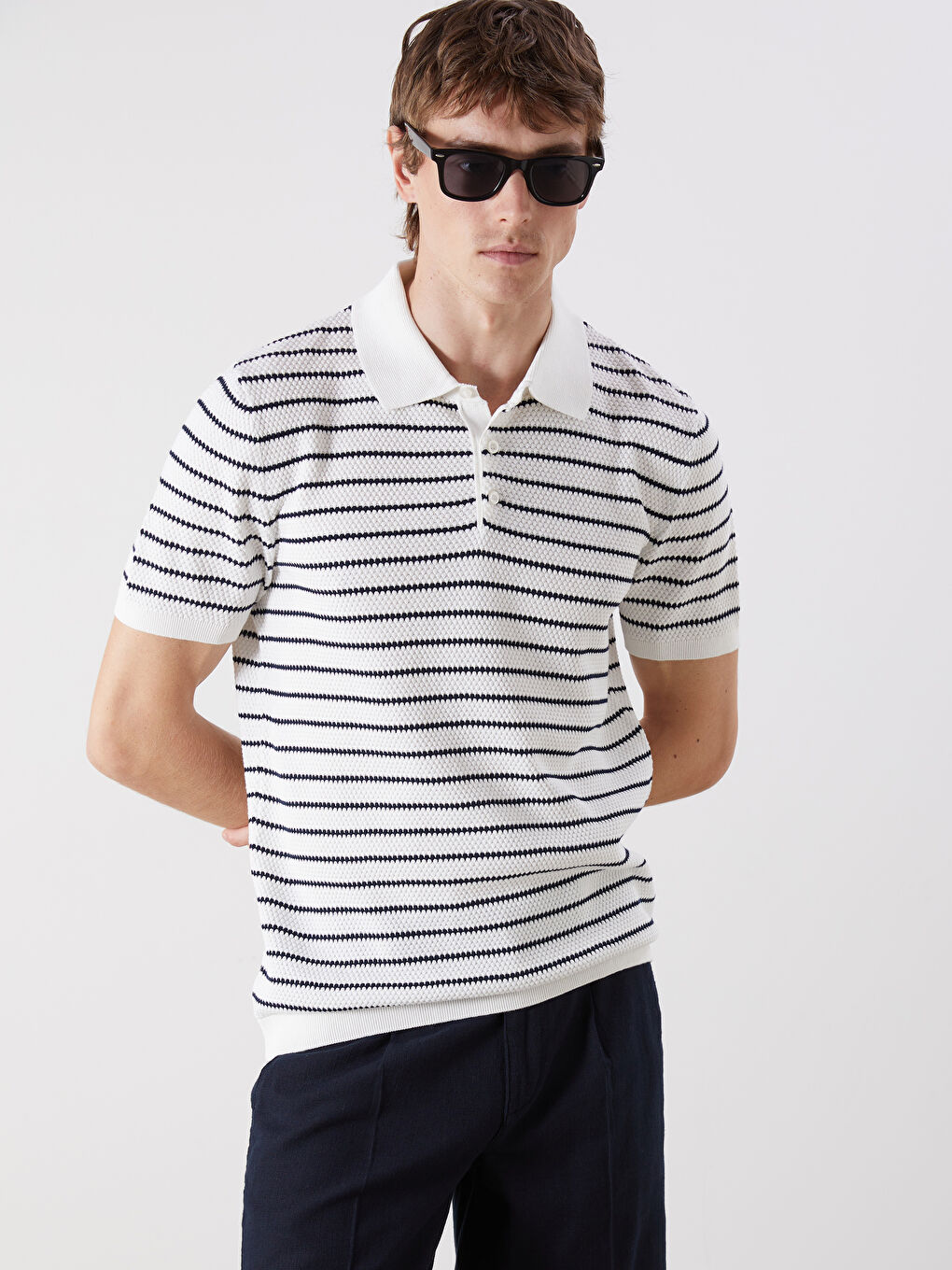 SOUTHBLUE Polo Neck Short Sleeve Striped Men's Knitwear Sweater -W51187Z8-SZ5