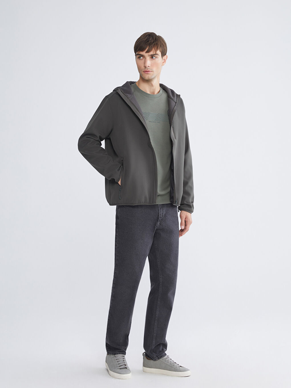 Haki Standart Kalıp Kapüşonlu Erkek Mont-3