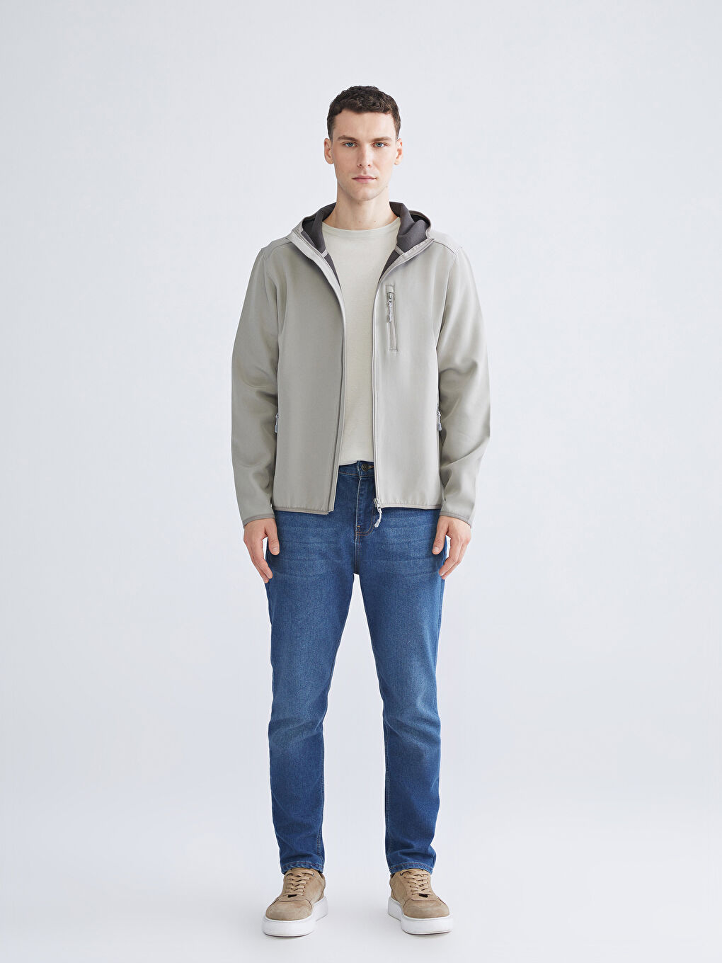 Gri Standart Kalıp Kapüşonlu Erkek Mont-1