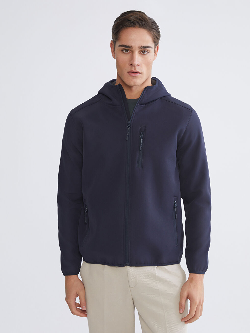 Lacivert Standart Kalıp Kapüşonlu Erkek Mont