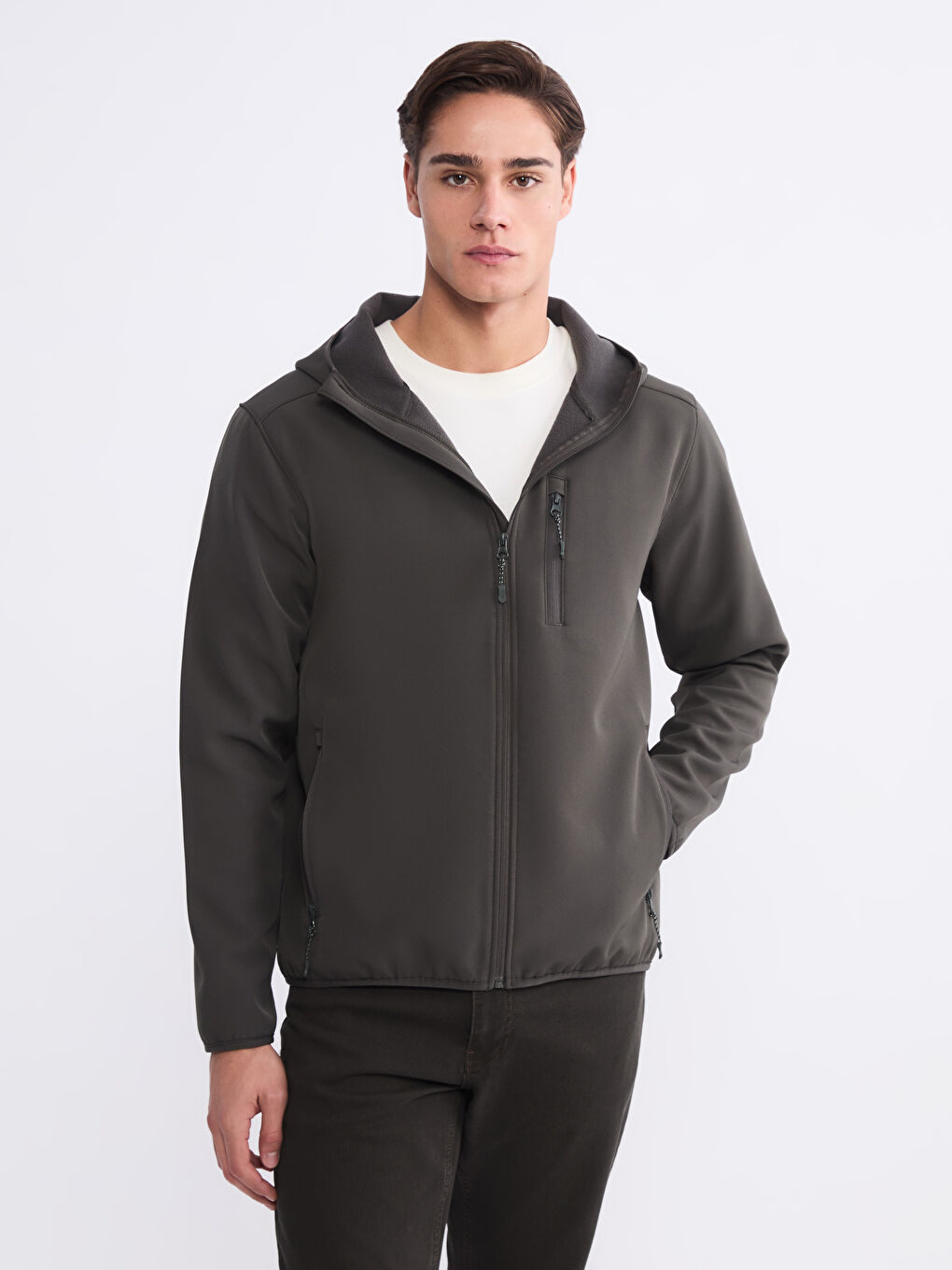 Haki Standart Kalıp Kapüşonlu Erkek Mont-1