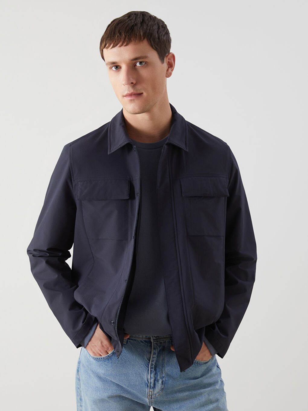 Lacivert Standart Kalıp Gömlek Yaka Erkek Mont-1