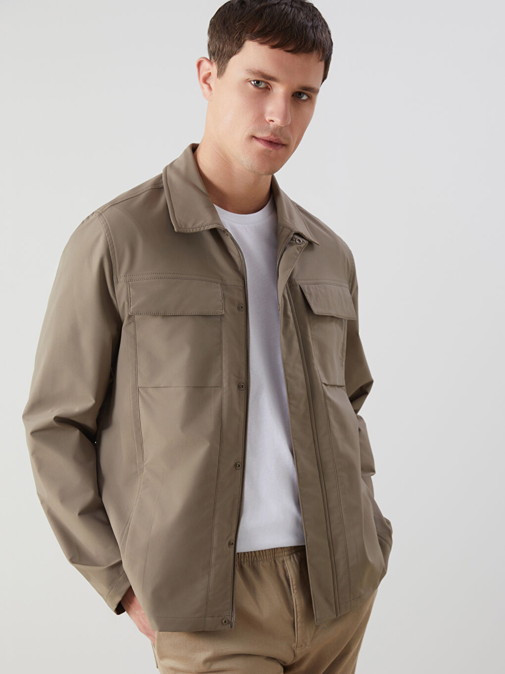 Haki Standart Kalıp Gömlek Yaka Erkek Mont-2