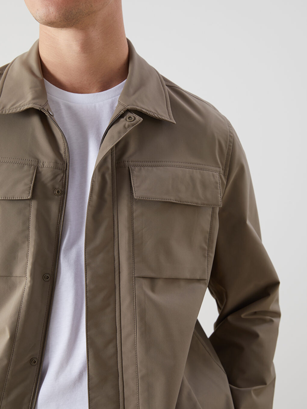 Haki Standart Kalıp Gömlek Yaka Erkek Mont-5