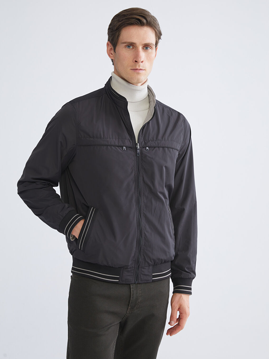 Siyah Büyük Beden Çift Taraflı Dik Yaka Erkek Mont-9