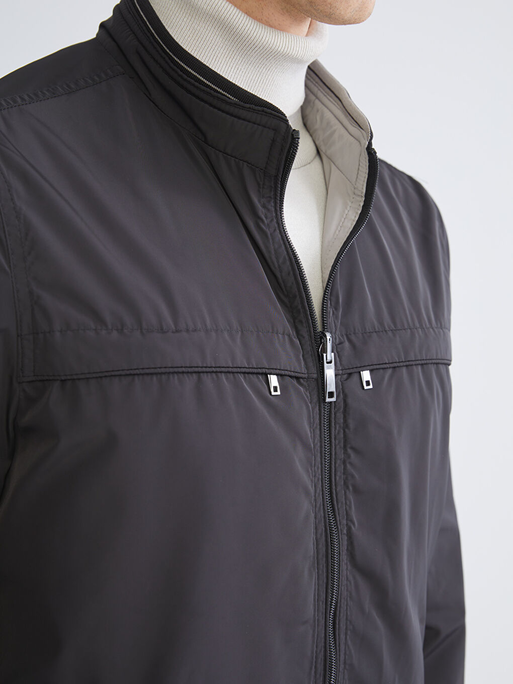 Siyah Büyük Beden Çift Taraflı Dik Yaka Erkek Mont-11