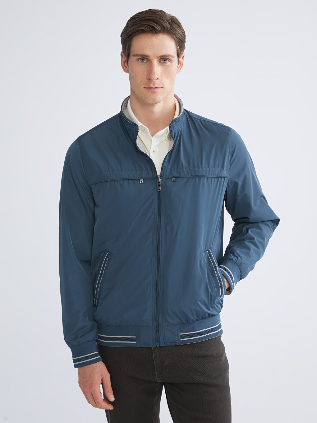 Lacivert Büyük Beden Çift Taraflı Dik Yaka Erkek Mont-11