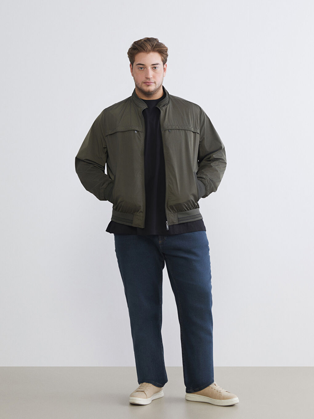 Haki Büyük Beden Çift Taraflı Dik Yaka Erkek Mont-7