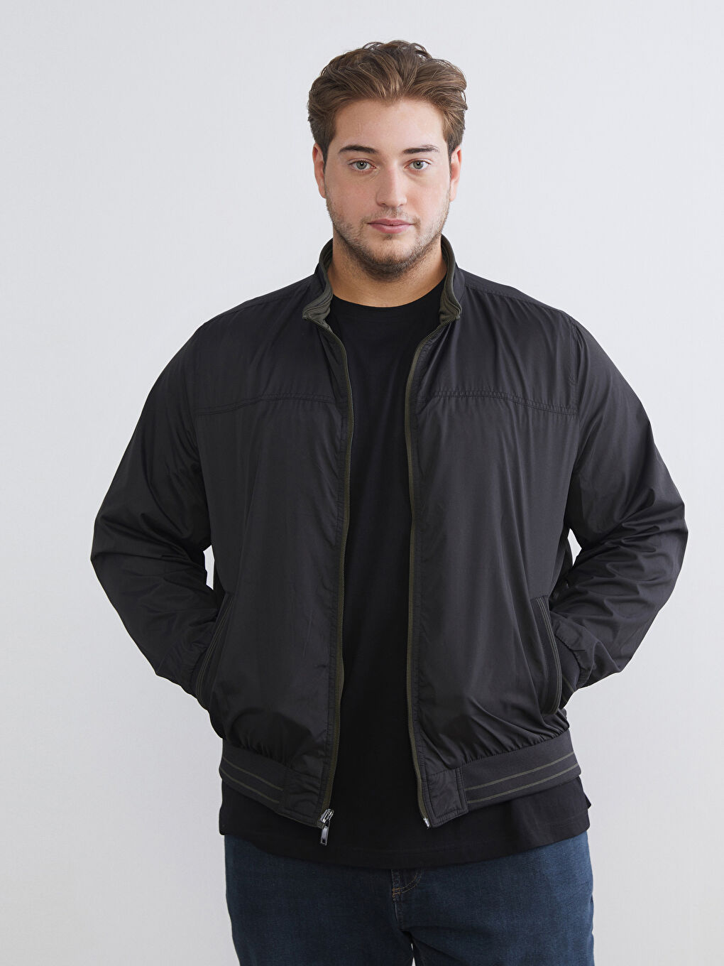 Haki Büyük Beden Çift Taraflı Dik Yaka Erkek Mont-8