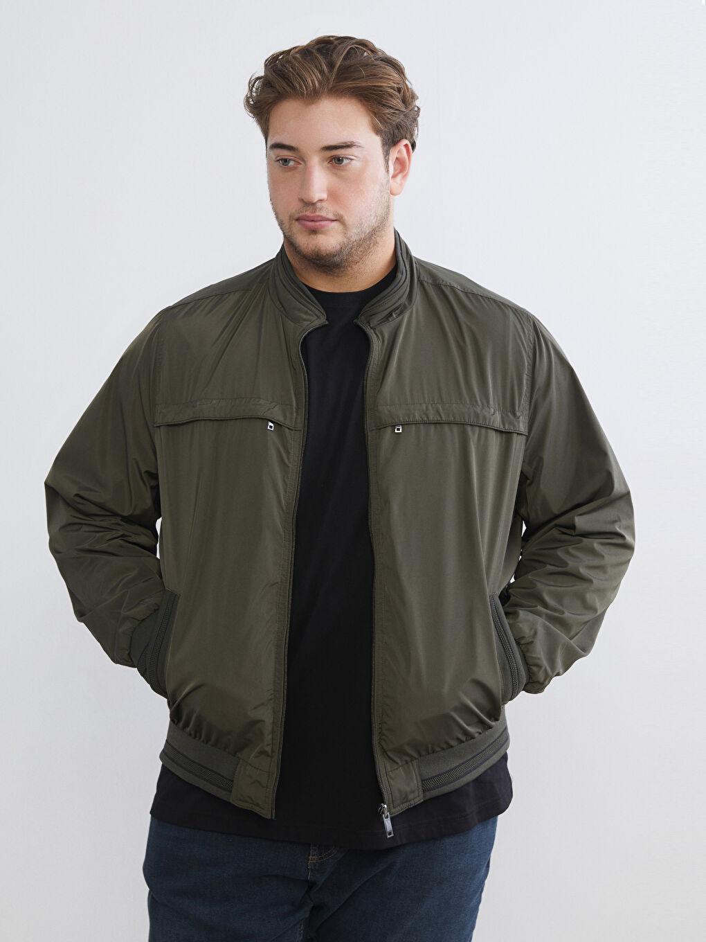 Haki Büyük Beden Çift Taraflı Dik Yaka Erkek Mont-9