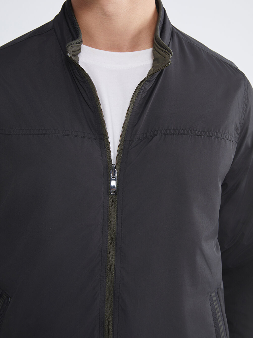 Haki Büyük Beden Çift Taraflı Dik Yaka Erkek Mont-5