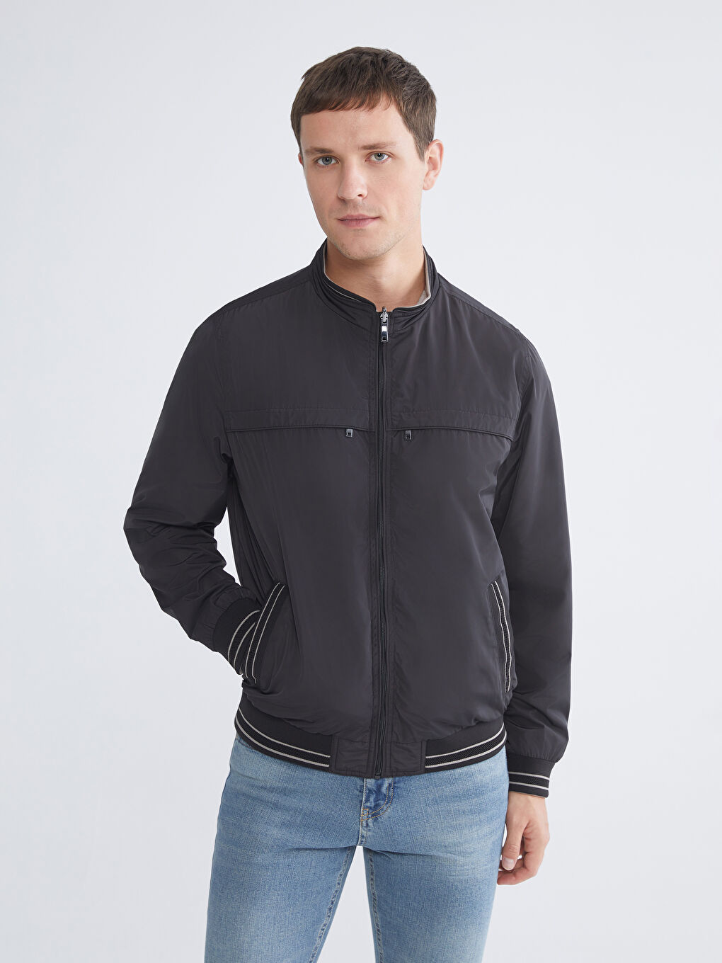 Siyah Büyük Beden Çift Taraflı Dik Yaka Erkek Mont-4