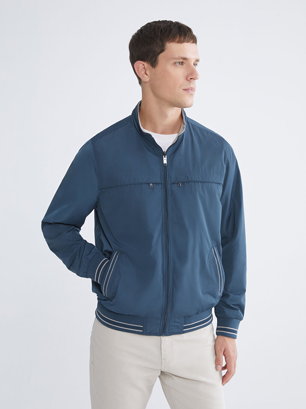 Lacivert Büyük Beden Çift Taraflı Dik Yaka Erkek Mont-2