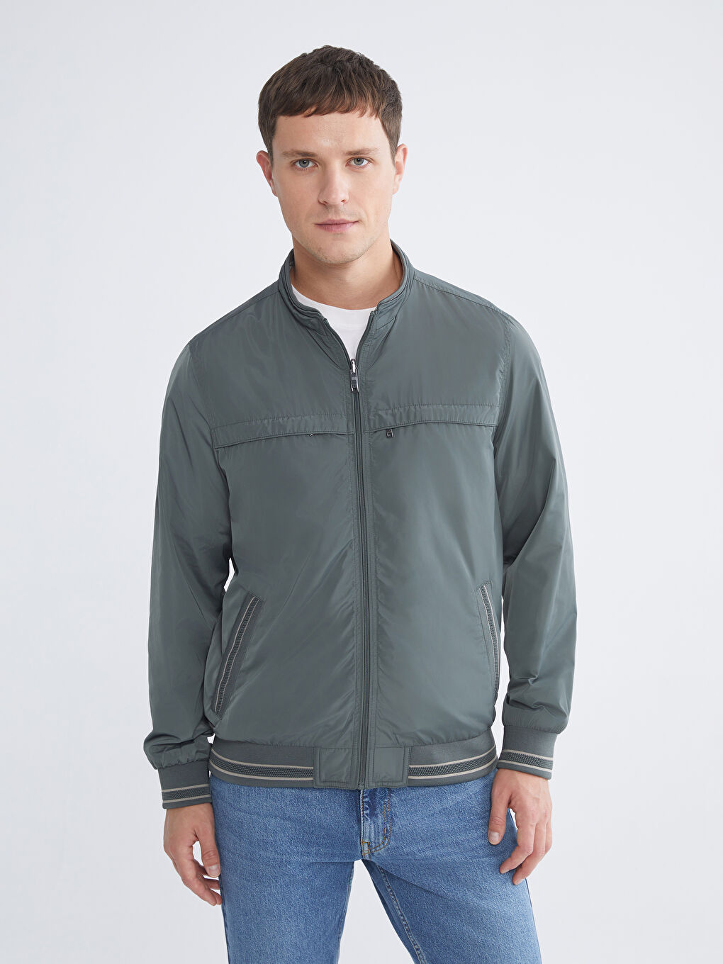 Yeşil Büyük Beden Çift Taraflı Dik Yaka Erkek Mont-4