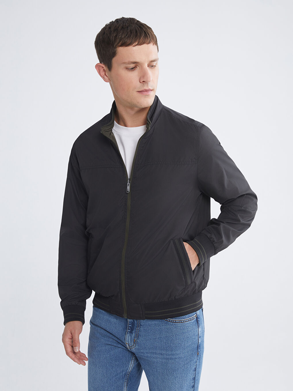 Haki Büyük Beden Çift Taraflı Dik Yaka Erkek Mont-2