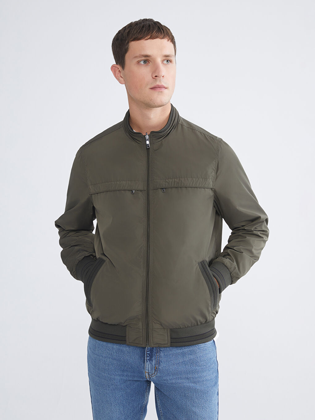 Haki Büyük Beden Çift Taraflı Dik Yaka Erkek Mont-3