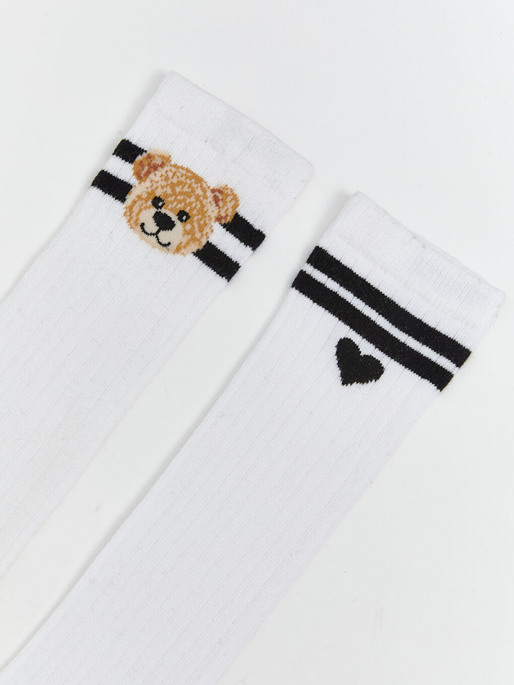 Beyaz Desenli Kız Çocuk Diz Altı Çorap 2'li-1