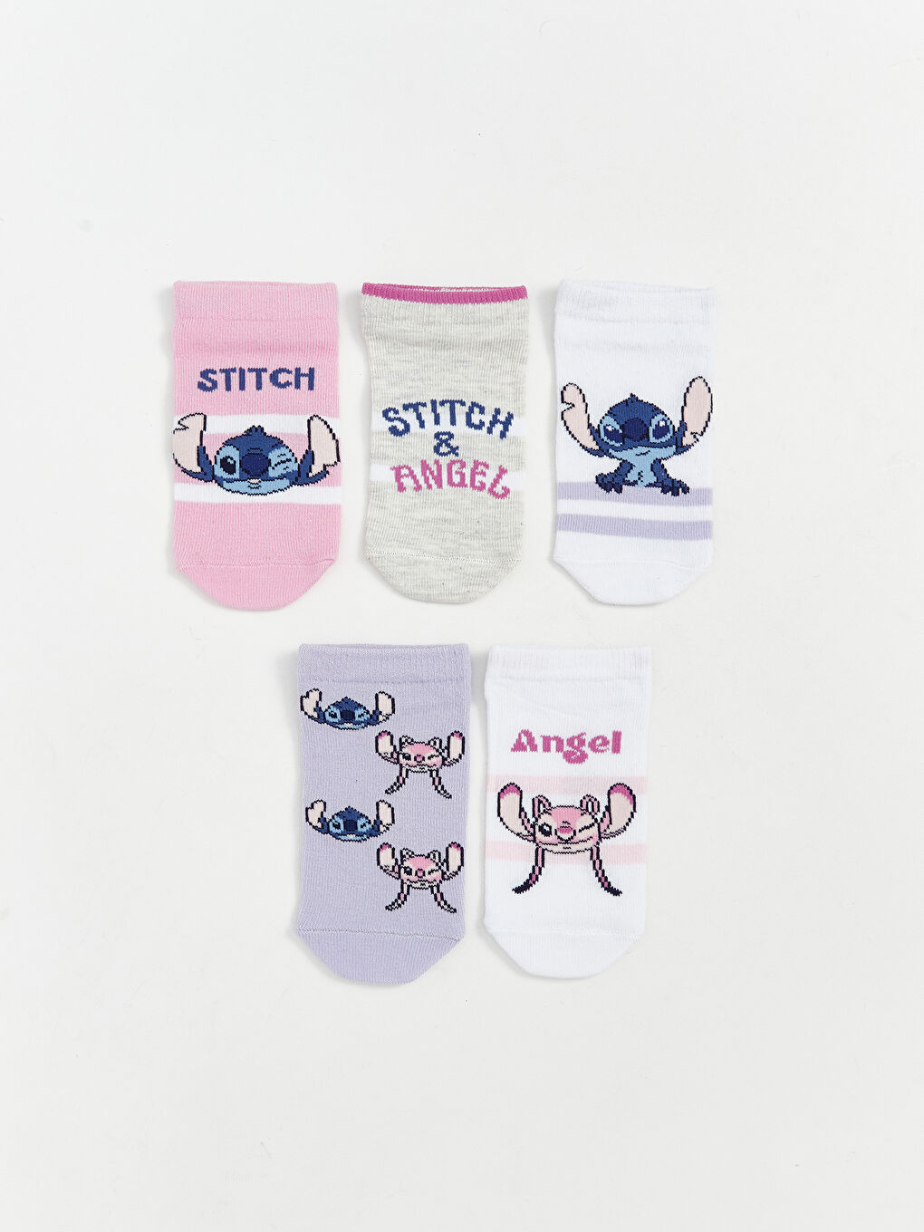 Stitch and Angel Patterned Girls' Trainer Socks 5 Pack