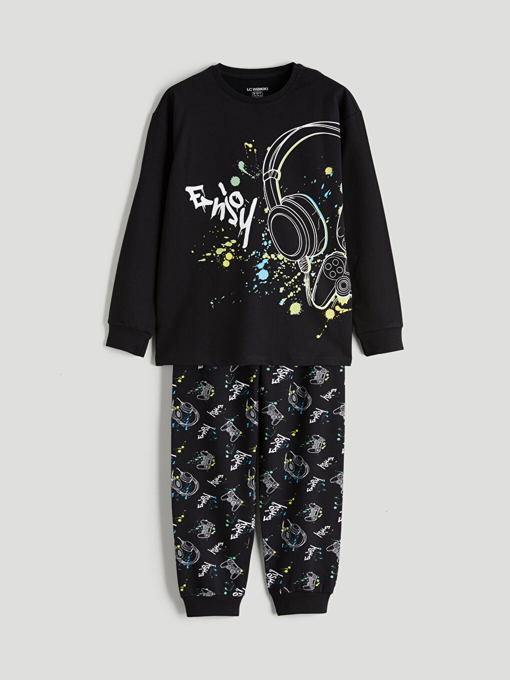 Siyah Bisiklet Yaka Erkek Çocuk Pijama Takımı