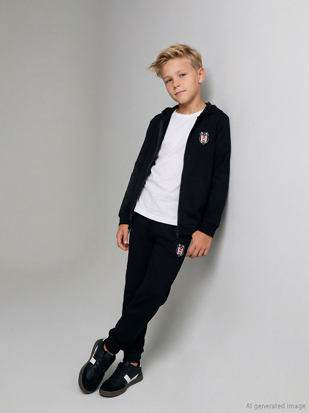 Siyah Kapüşonlu Beşiktaş Baskılı Erkek Çocuk Eşofman Takımı