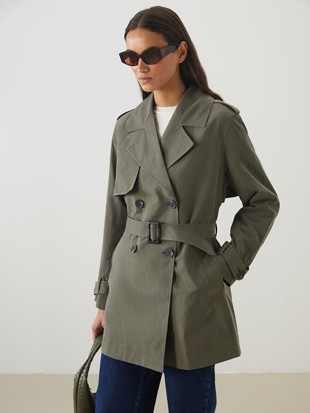 Haki Kruvaze Yaka Kadın Trençkot