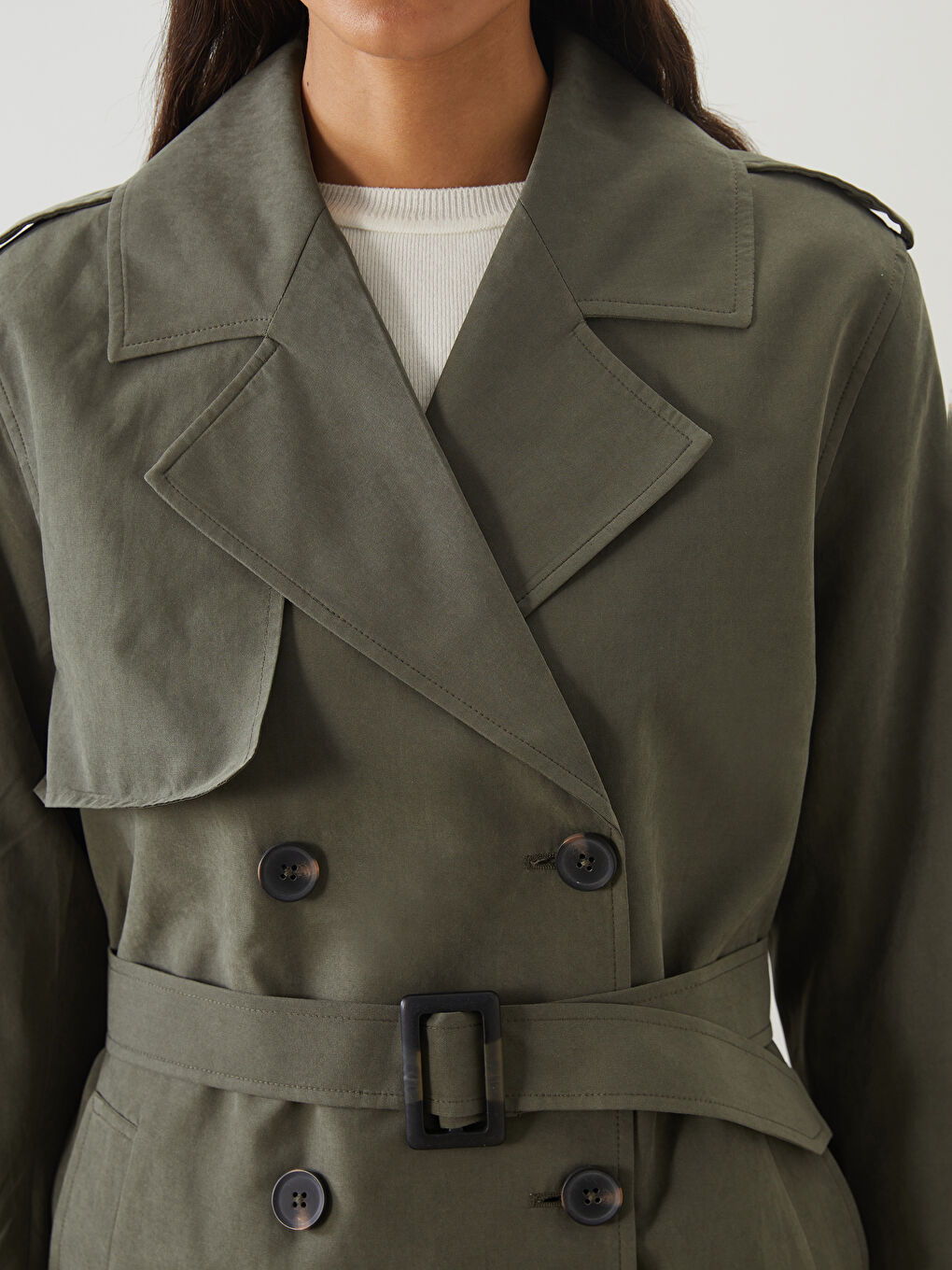 Haki Kruvaze Yaka Kadın Trençkot-2